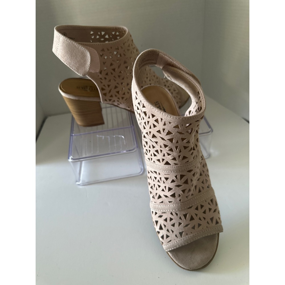 Seychelles Women's Beige Suede Peep Toe Heeled Sandals Cutout Ankle Strap - Picture 3 of 5